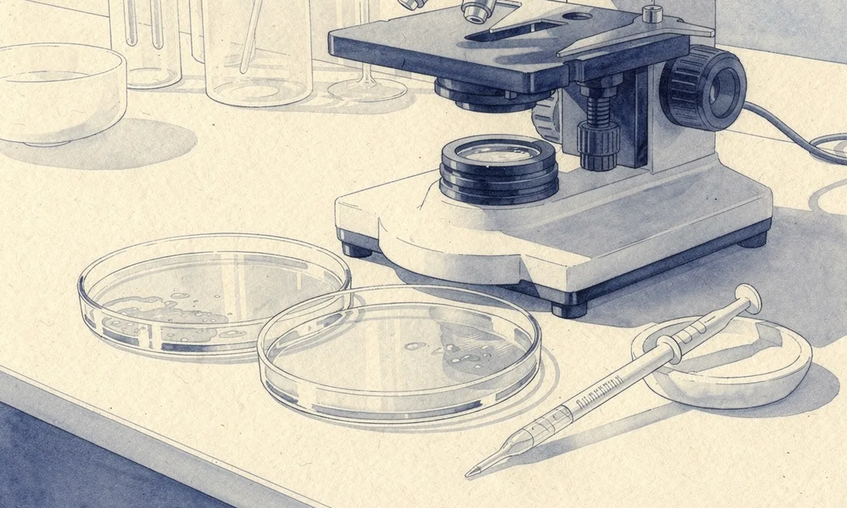 Illustration of two shallow culture dishes beside a microscope on a laboratory bench