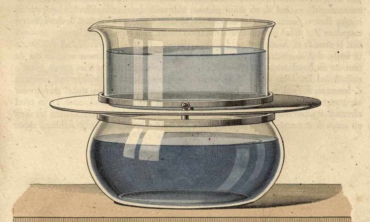 Illustration of a glass diffusion chamber with a thin membrane separating its compartments