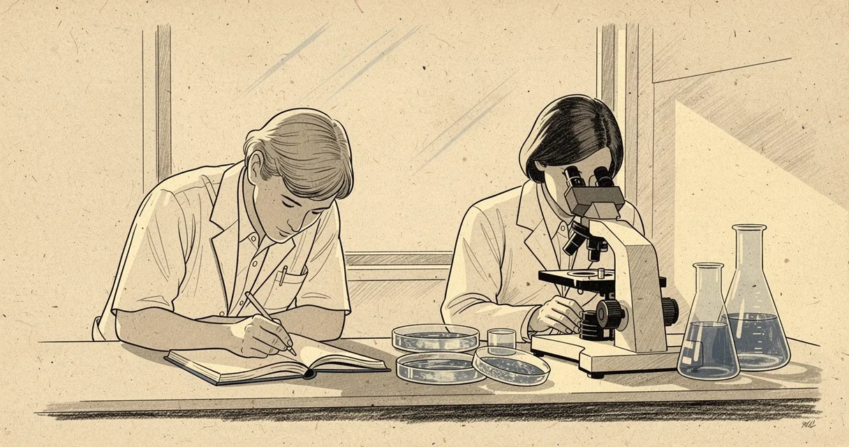 Illustration of two laboratory workers comparing a notebook with glassware at a bench